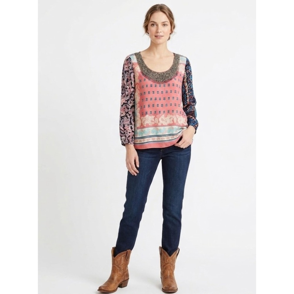 Plenty by Tracy Reese‎ Multi Color Boho Embellished Top size Small